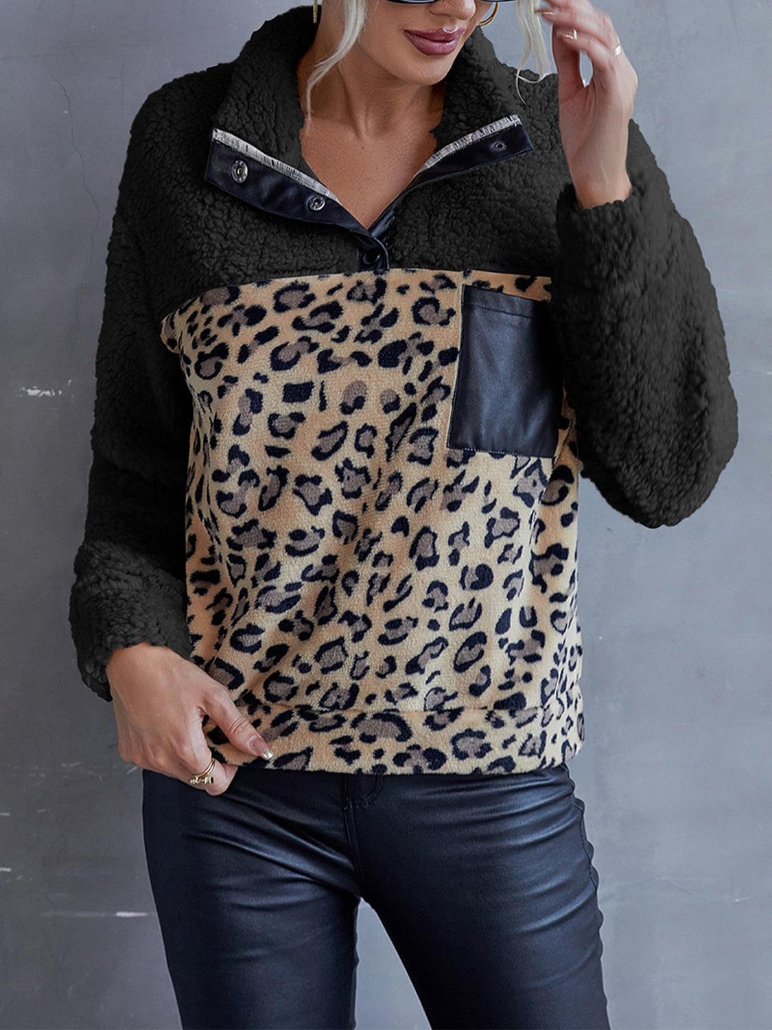 Leopard Quarter-Snap Teddy Sweatshirt - Black / S - T-Shirts - Shirts & Tops - 7 - 2024