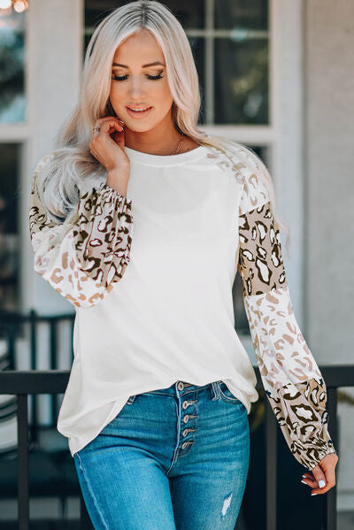 Leopard Round Neck Dropped Shoulder T-Shirt - White / S - T-Shirts - Shirts & Tops - 1 - 2024