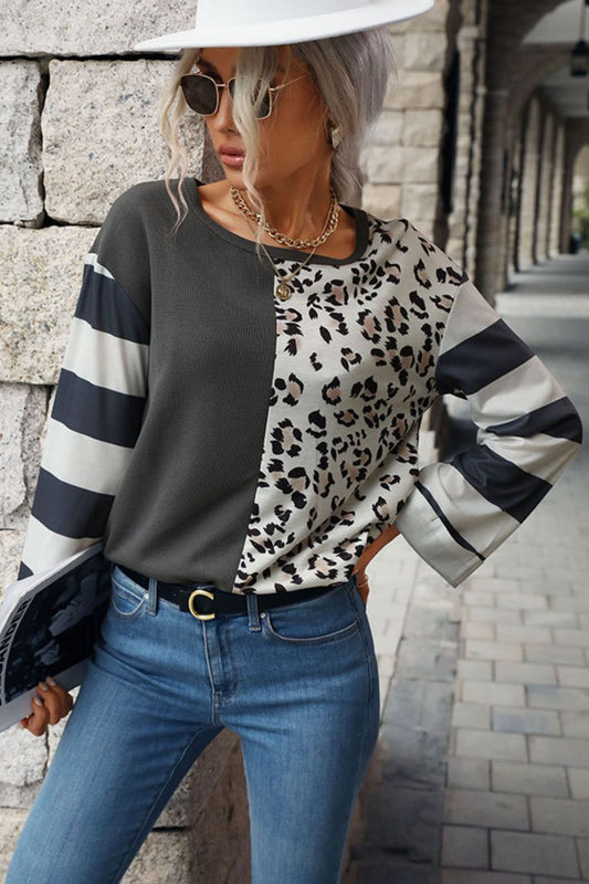 Leopard Striped Round Neck Long Sleeve Tee - Leopard / S - T-Shirts - Shirts & Tops - 1 - 2024