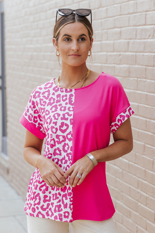 Leopard Two-Tone Round Neck Tee - Pink / S - T-Shirts - Shirts & Tops - 1 - 2024