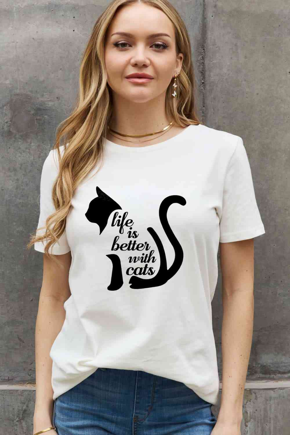 LIFE IS BETTER WITH CATS Graphic Cotton Tee - Bleach / S - T-Shirts - Shirts & Tops - 12 - 2024