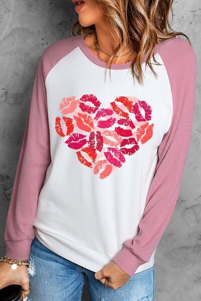 Lip Graphic Round Neck Long Sleeve T-Shirt - Blush Pink / S - T-Shirts - Shirts & Tops - 1 - 2024