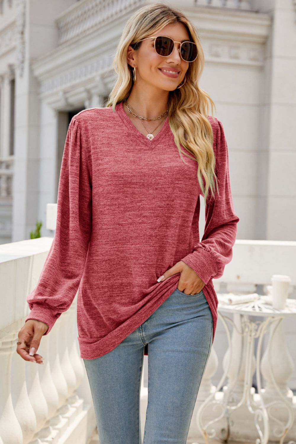 Long Puff Sleeve V-Neck Top - Red / S - T-Shirts - Shirts & Tops - 13 - 2024