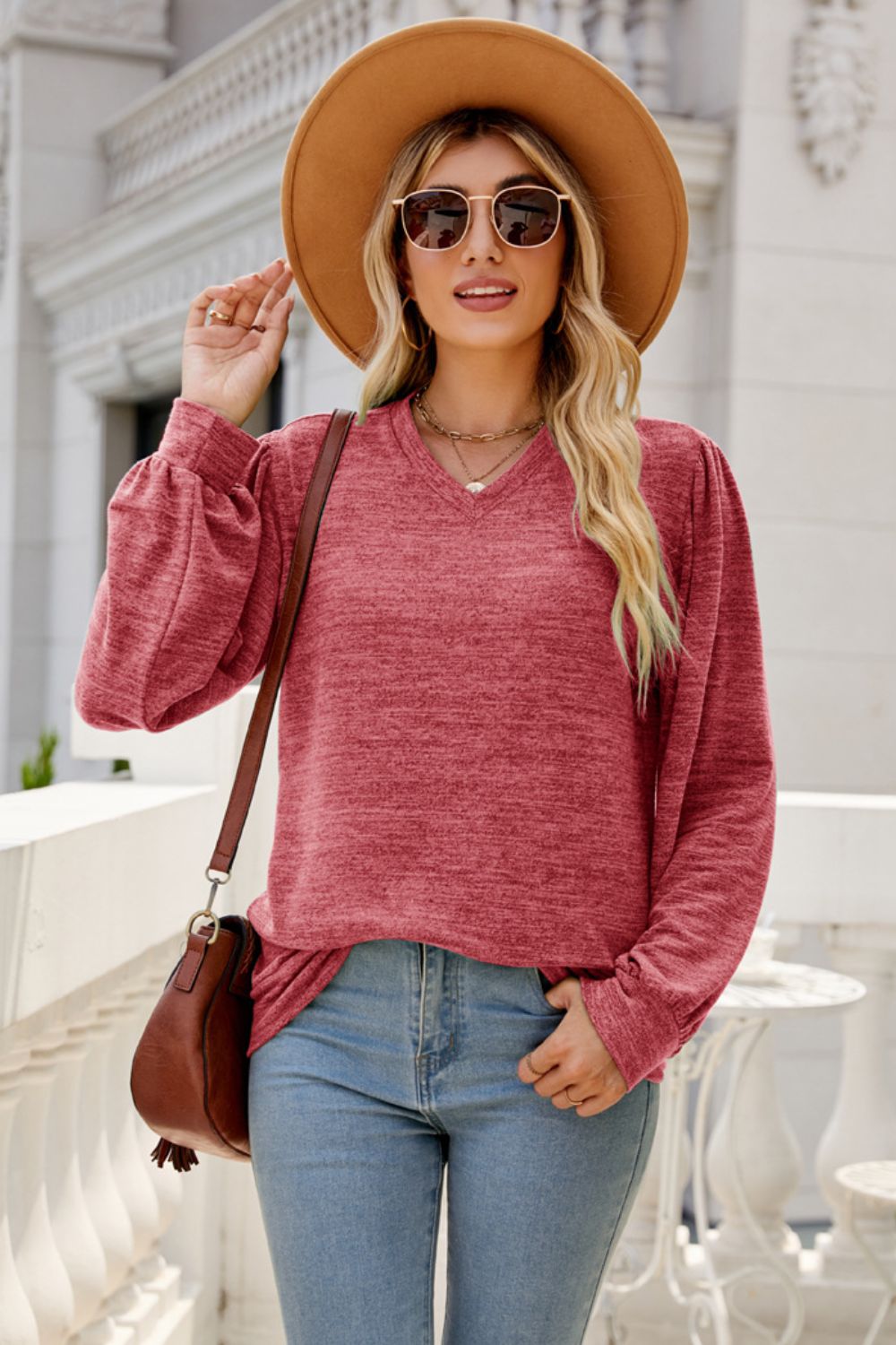 Long Puff Sleeve V-Neck Top - T-Shirts - Shirts & Tops - 14 - 2024