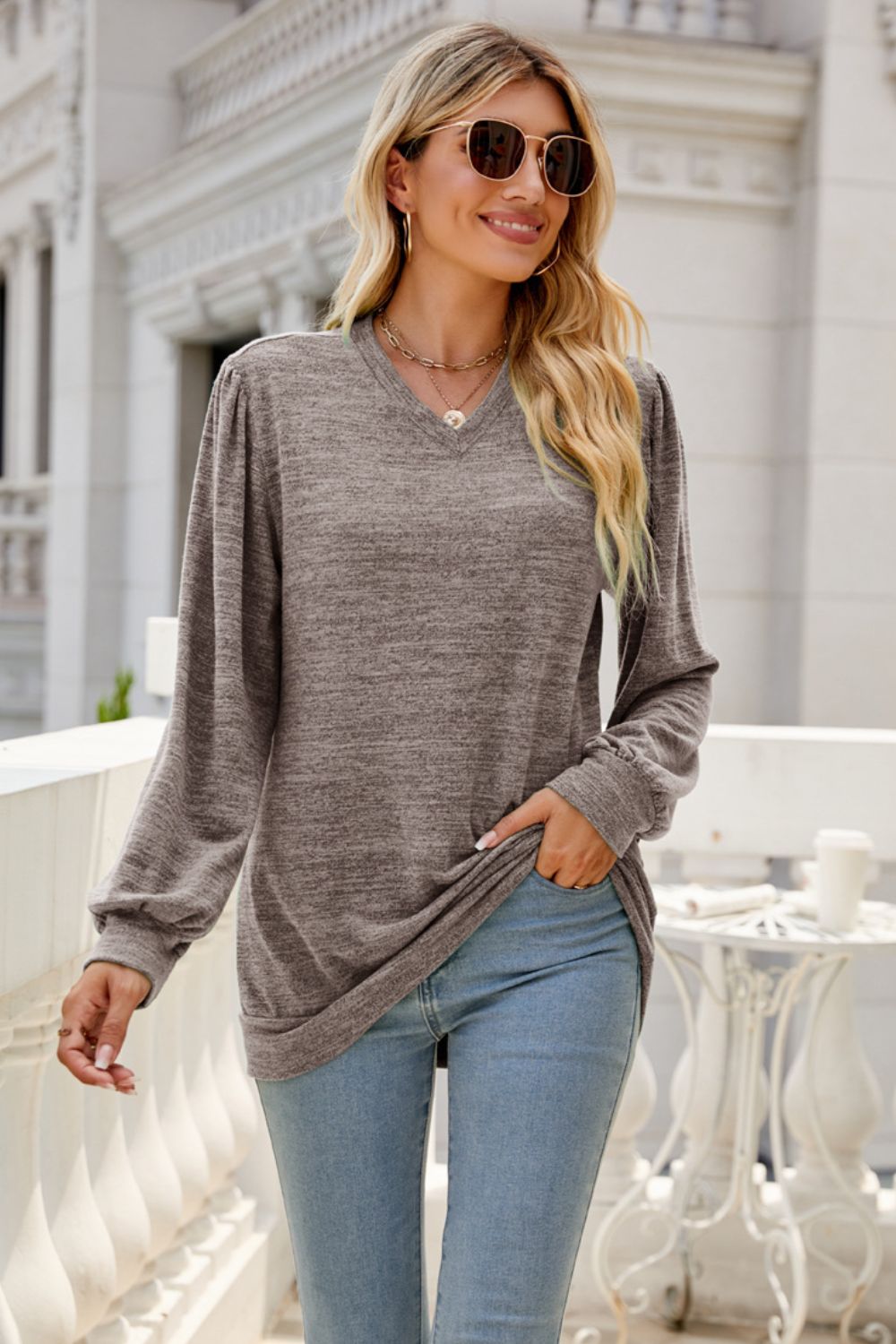 Long Puff Sleeve V-Neck Top - Light Gray / S - T-Shirts - Shirts & Tops - 16 - 2024