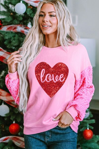 LOVE Heart Sequin Dropped Shoulder Sweatshirt - Carnation Pink / S - T-Shirts - Shirts & Tops - 1 - 2024