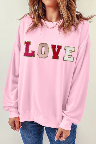 LOVE Patch Round Neck Dropped Shoulder Sweatshirt - Blush Pink / S - T-Shirts - Shirts & Tops - 1 - 2024