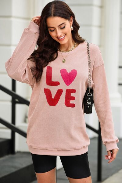 LOVE Round Neck Dropped Shoulder Sweatshirt - Dusty Pink / S - T-Shirts - Shirts & Tops - 1 - 2024