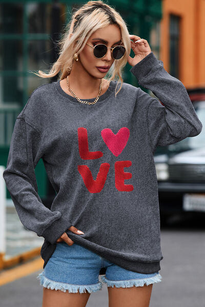 LOVE Round Neck Dropped Shoulder Sweatshirt - Charcoal / S - T-Shirts - Shirts & Tops - 4 - 2024