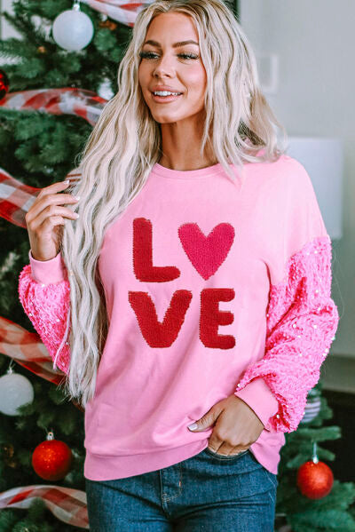 LOVE Sequin Dropped Shoulder Sweatshirt - Carnation Pink / S - T-Shirts - Shirts & Tops - 1 - 2024