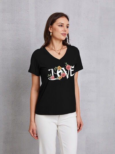 LOVE V-Neck Short Sleeve T-Shirt - Black / S - T-Shirts - Shirts & Tops - 4 - 2024