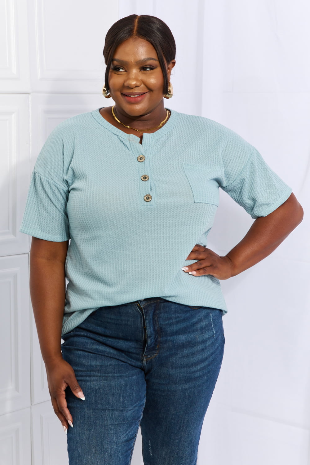 Made For You Full Size 1/4 Button Down Waffle Top in Blue - T-Shirts - Shirts & Tops - 7 - 2024