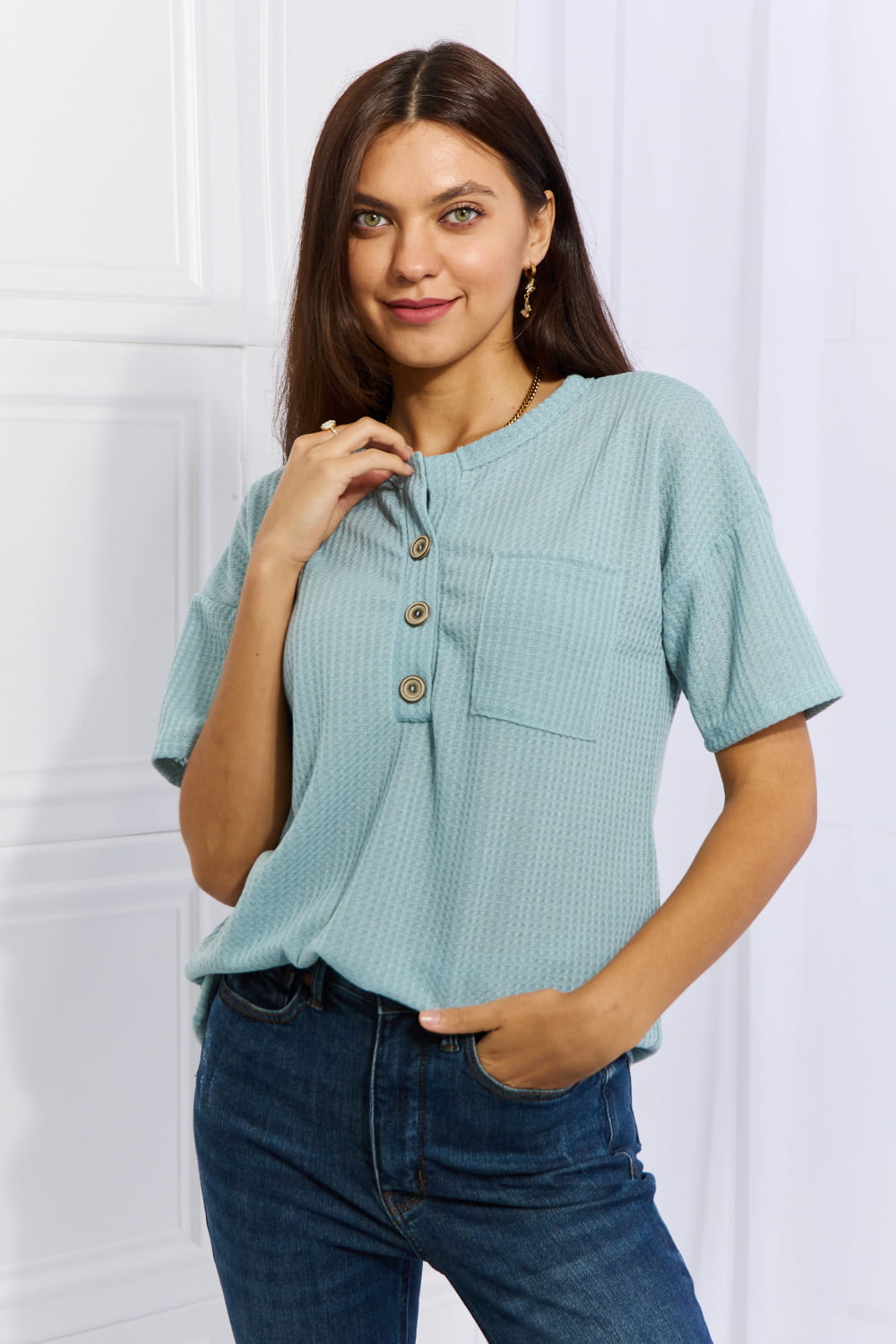 Made For You Full Size 1/4 Button Down Waffle Top in Blue - Blue / S - T-Shirts - Shirts & Tops - 1 - 2024
