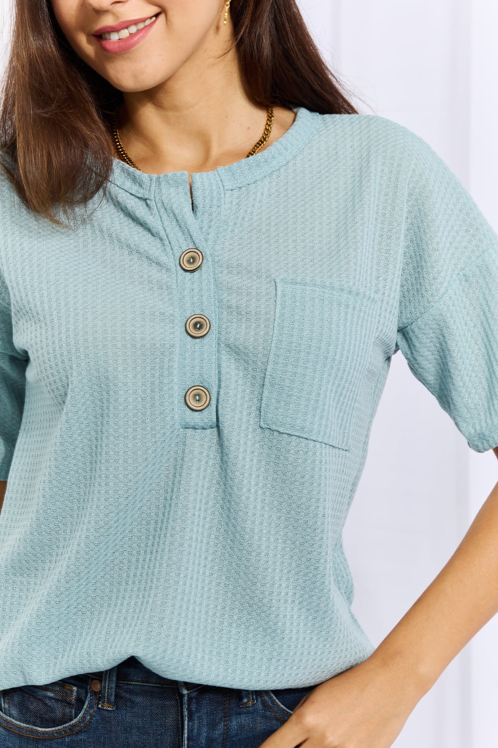 Made For You Full Size 1/4 Button Down Waffle Top in Blue - T-Shirts - Shirts & Tops - 6 - 2024