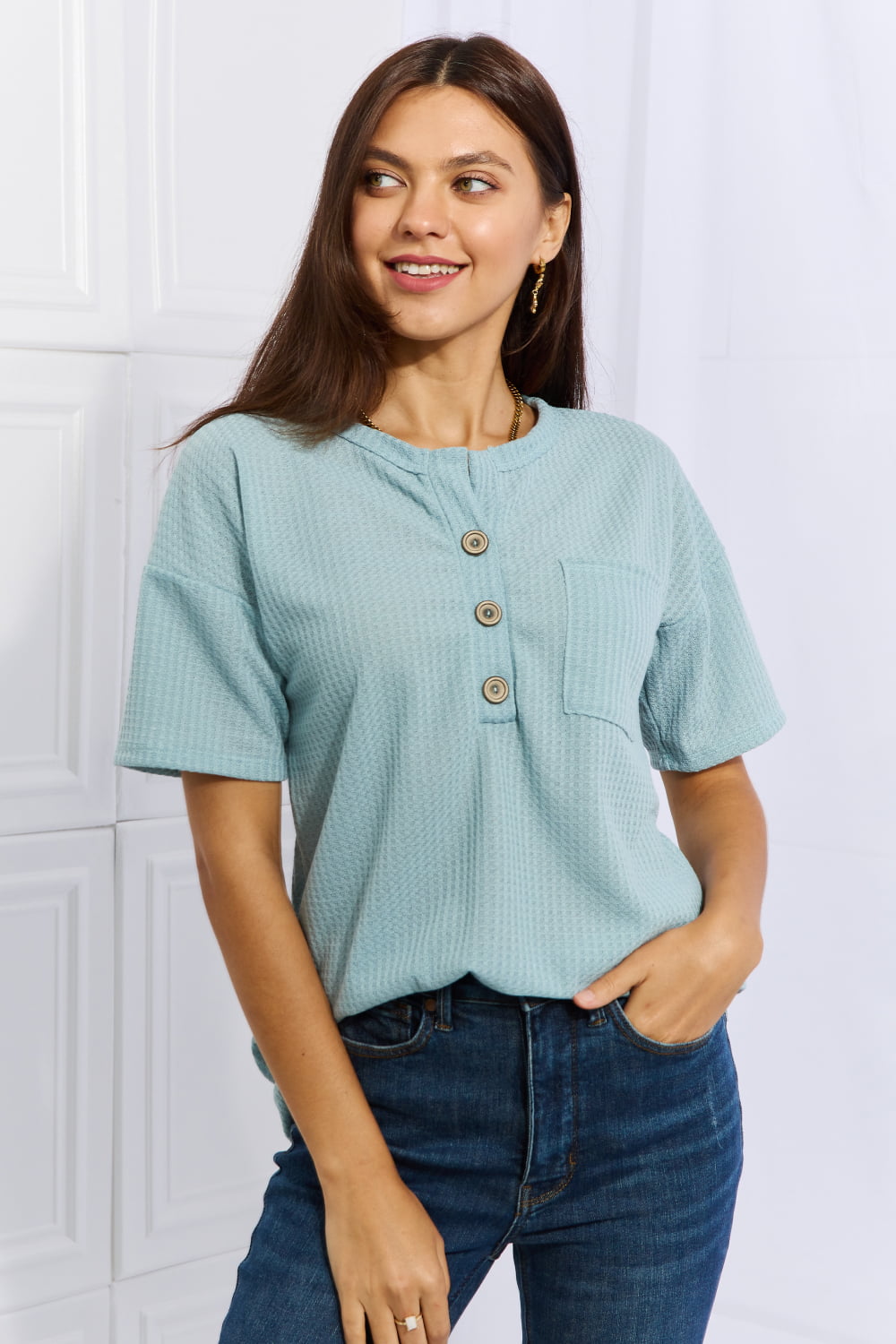 Made For You Full Size 1/4 Button Down Waffle Top in Blue - T-Shirts - Shirts & Tops - 3 - 2024