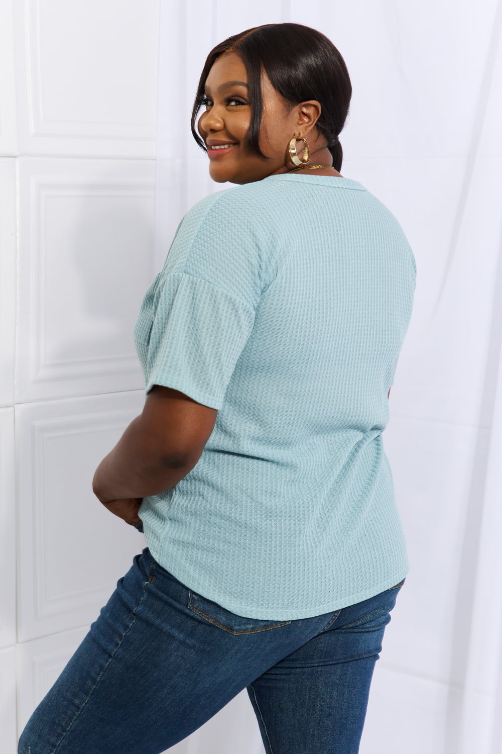 Made For You Full Size 1/4 Button Down Waffle Top in Blue - T-Shirts - Shirts & Tops - 9 - 2024