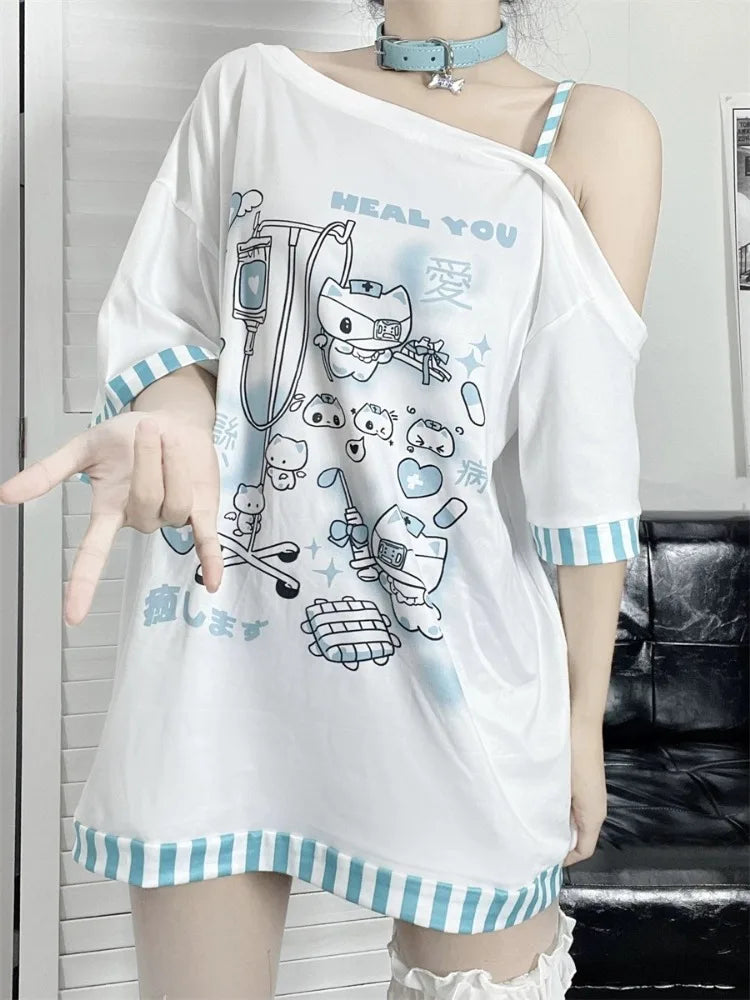 Medical Meow Tee – Kawaii Nurse Cat Graphic Oversized T-Shirt - T-Shirts - Shirts & Tops - 5 - 2024
