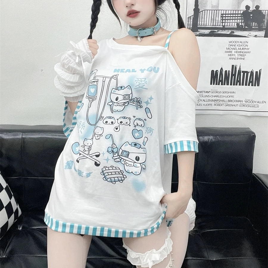 Medical Meow Tee – Kawaii Nurse Cat Graphic Oversized T-Shirt - White / M - T-Shirts - Shirts & Tops - 6 - 2024