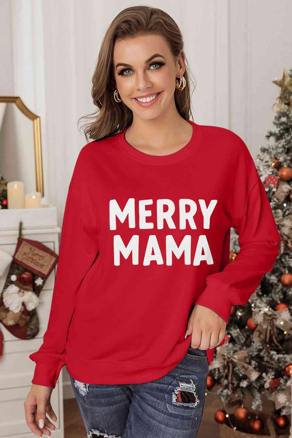 MERRY MAMA Graphic Round Neck Sweatshirt - Deep Red / S - T-Shirts - Shirts & Tops - 1 - 2024