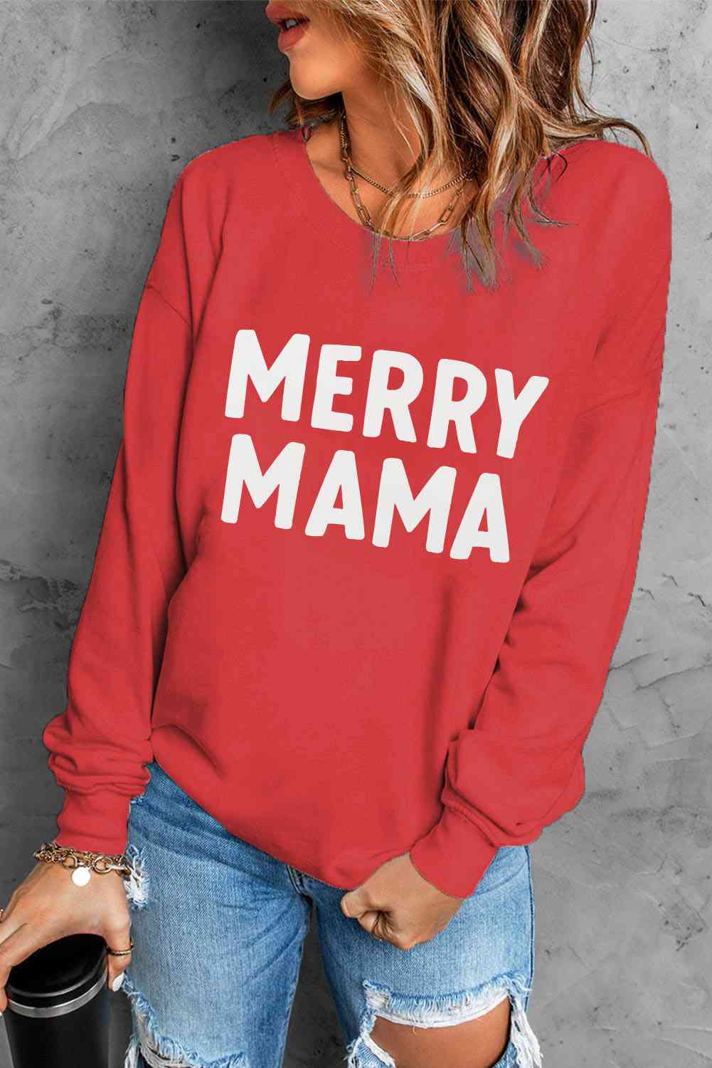 MERRY MAMA Graphic Round Neck Sweatshirt - T-Shirts - Shirts & Tops - 4 - 2024
