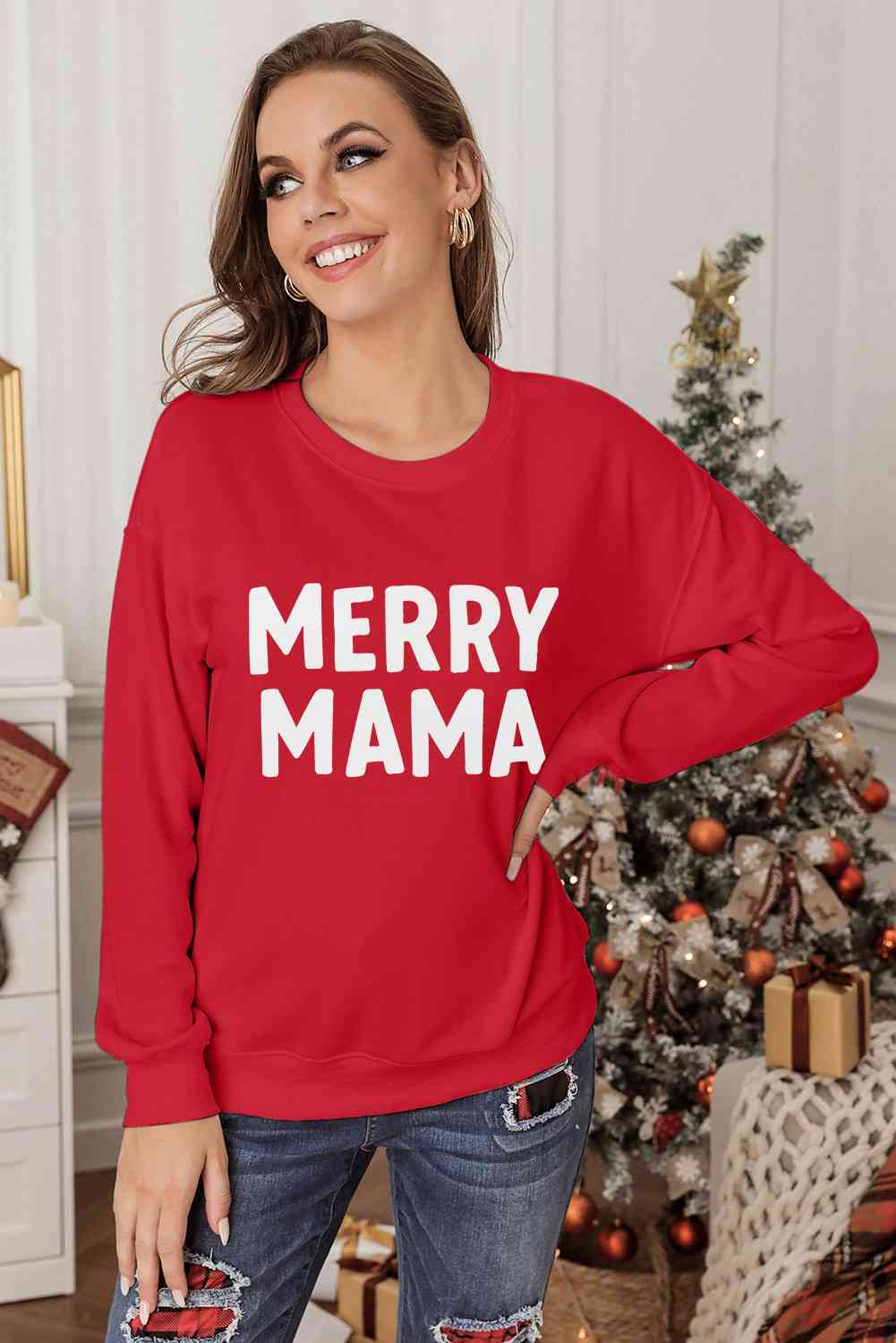 MERRY MAMA Graphic Round Neck Sweatshirt - T-Shirts - Shirts & Tops - 3 - 2024