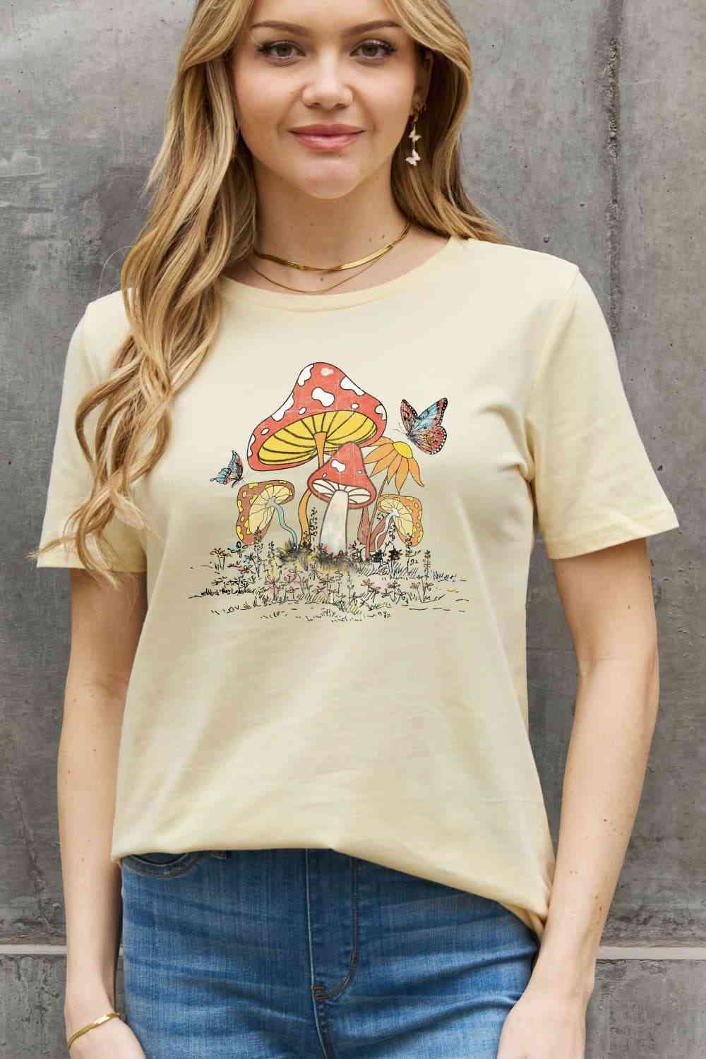 Mushroom & Butterfly Graphic Cotton T-Shirt - Ivory / S - T-Shirts - Shirts & Tops - 19 - 2024