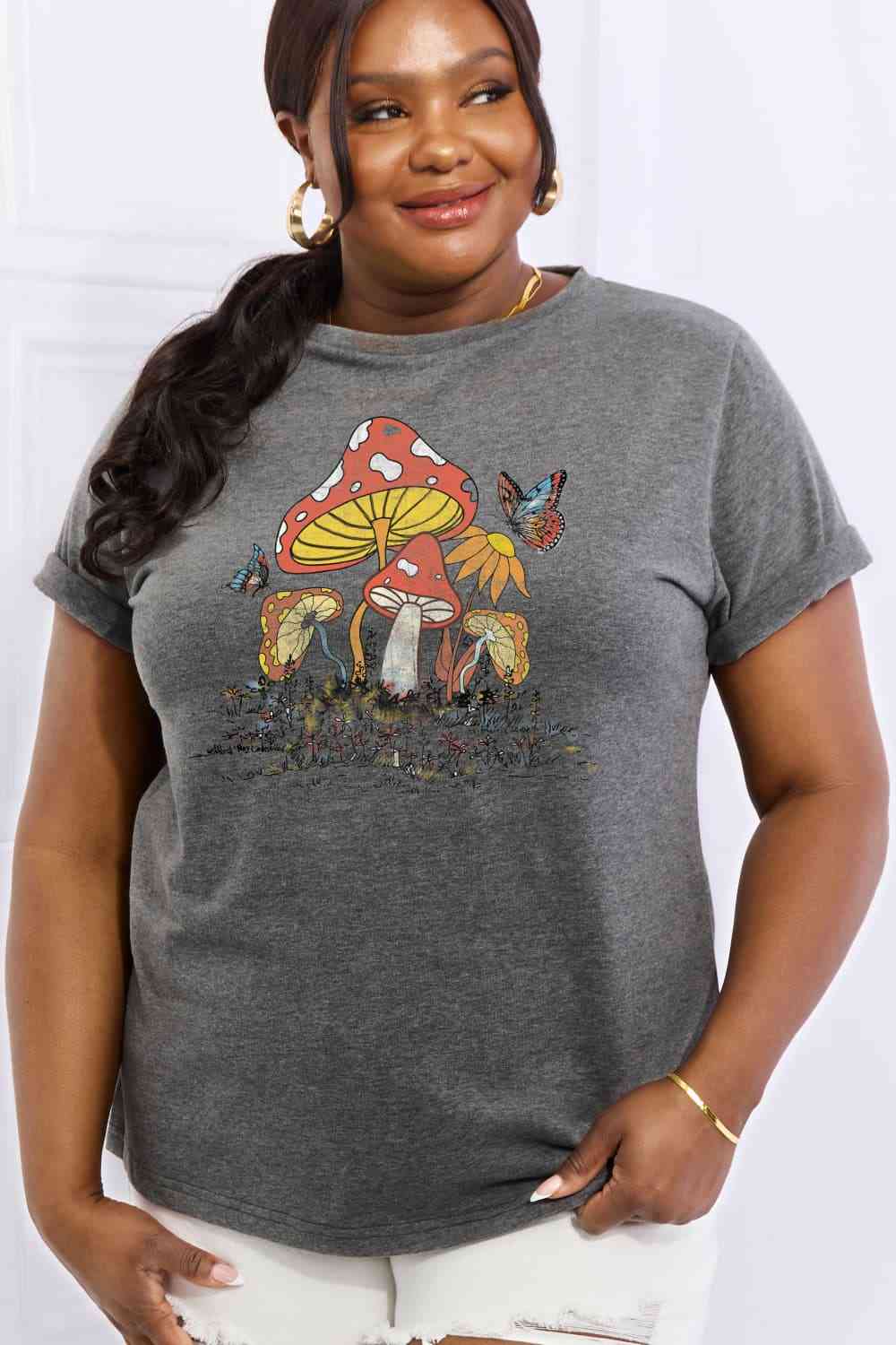 Mushroom & Butterfly Graphic Cotton T-Shirt - T-Shirts - Shirts & Tops - 10 - 2024