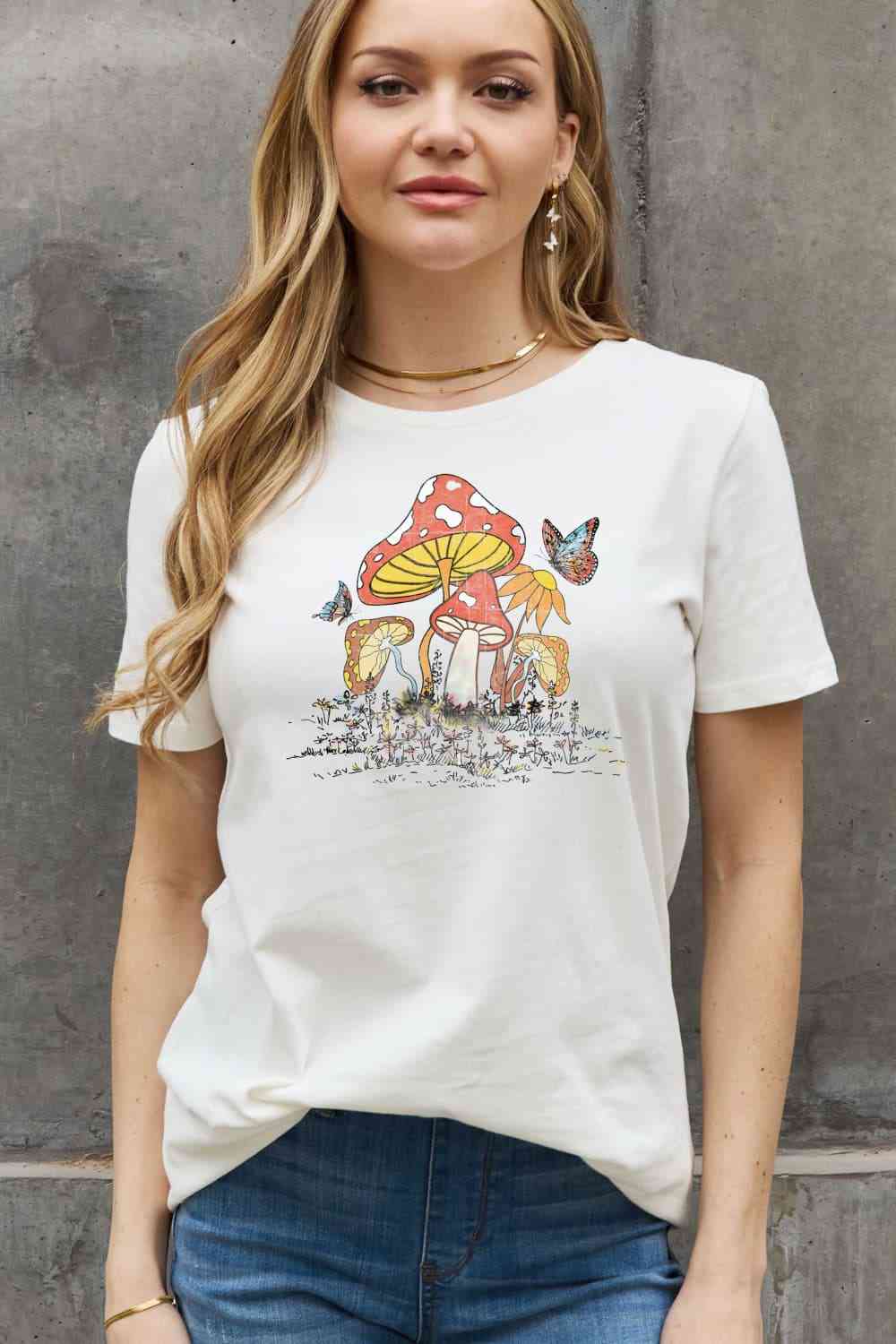Mushroom & Butterfly Graphic Cotton T-Shirt - Bleach / S - T-Shirts - Shirts & Tops - 13 - 2024