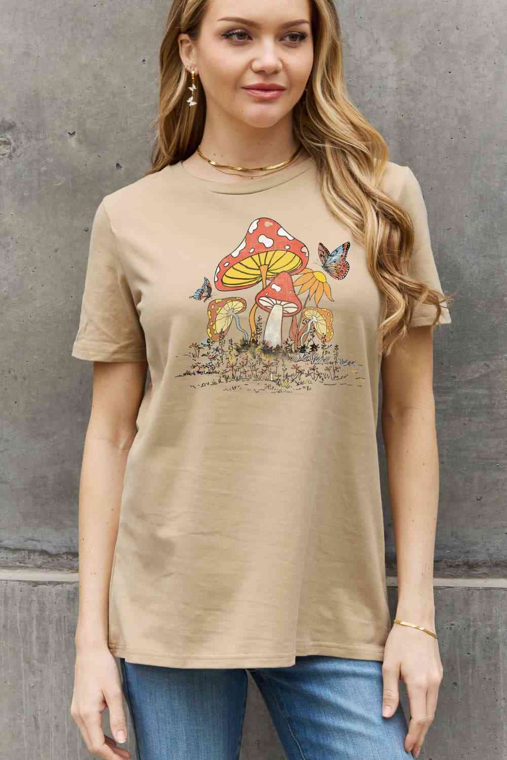 Mushroom & Butterfly Graphic Cotton T-Shirt - Taupe / S - T-Shirts - Shirts & Tops - 1 - 2024