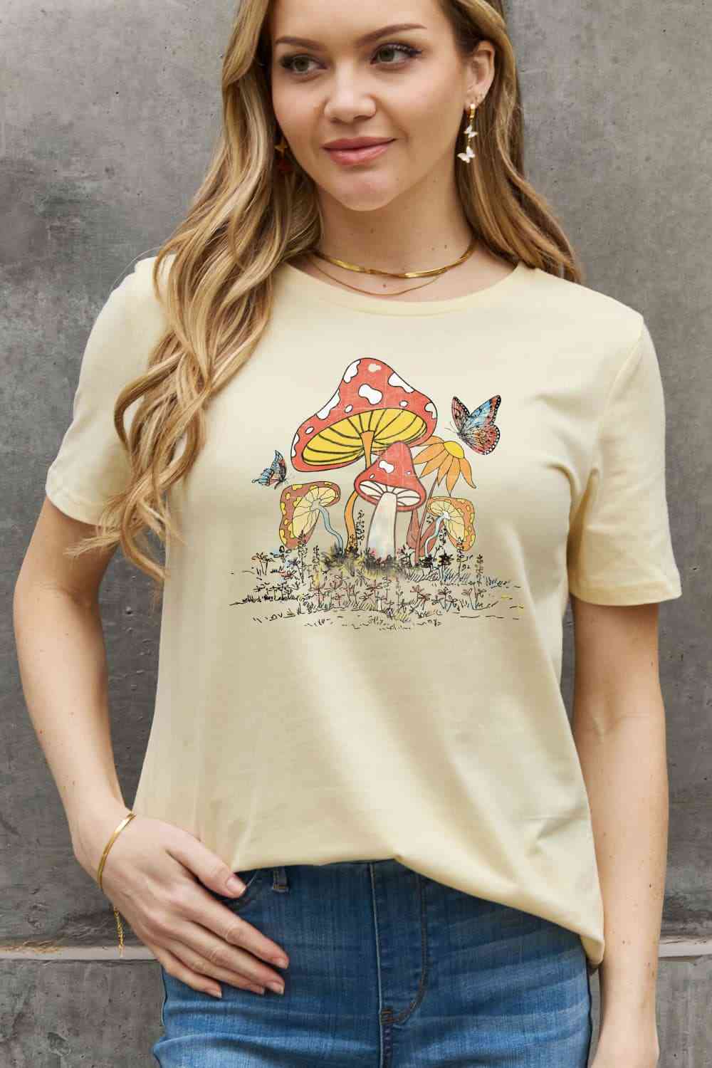 Mushroom & Butterfly Graphic Cotton T-Shirt - T-Shirts - Shirts & Tops - 20 - 2024