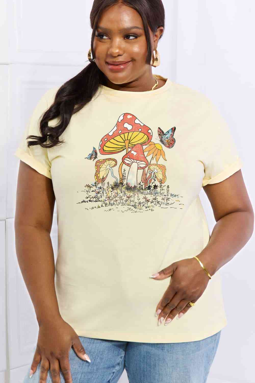 Mushroom & Butterfly Graphic Cotton T-Shirt - T-Shirts - Shirts & Tops - 22 - 2024
