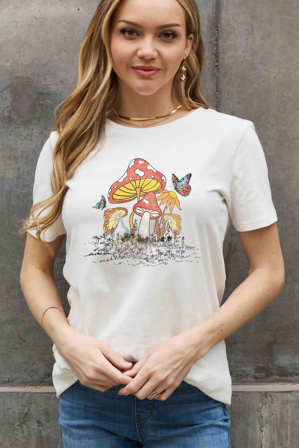 Mushroom & Butterfly Graphic Cotton T-Shirt - T-Shirts - Shirts & Tops - 14 - 2024