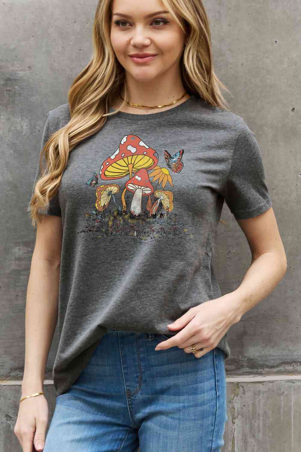 Mushroom & Butterfly Graphic Cotton T-Shirt - T-Shirts - Shirts & Tops - 8 - 2024