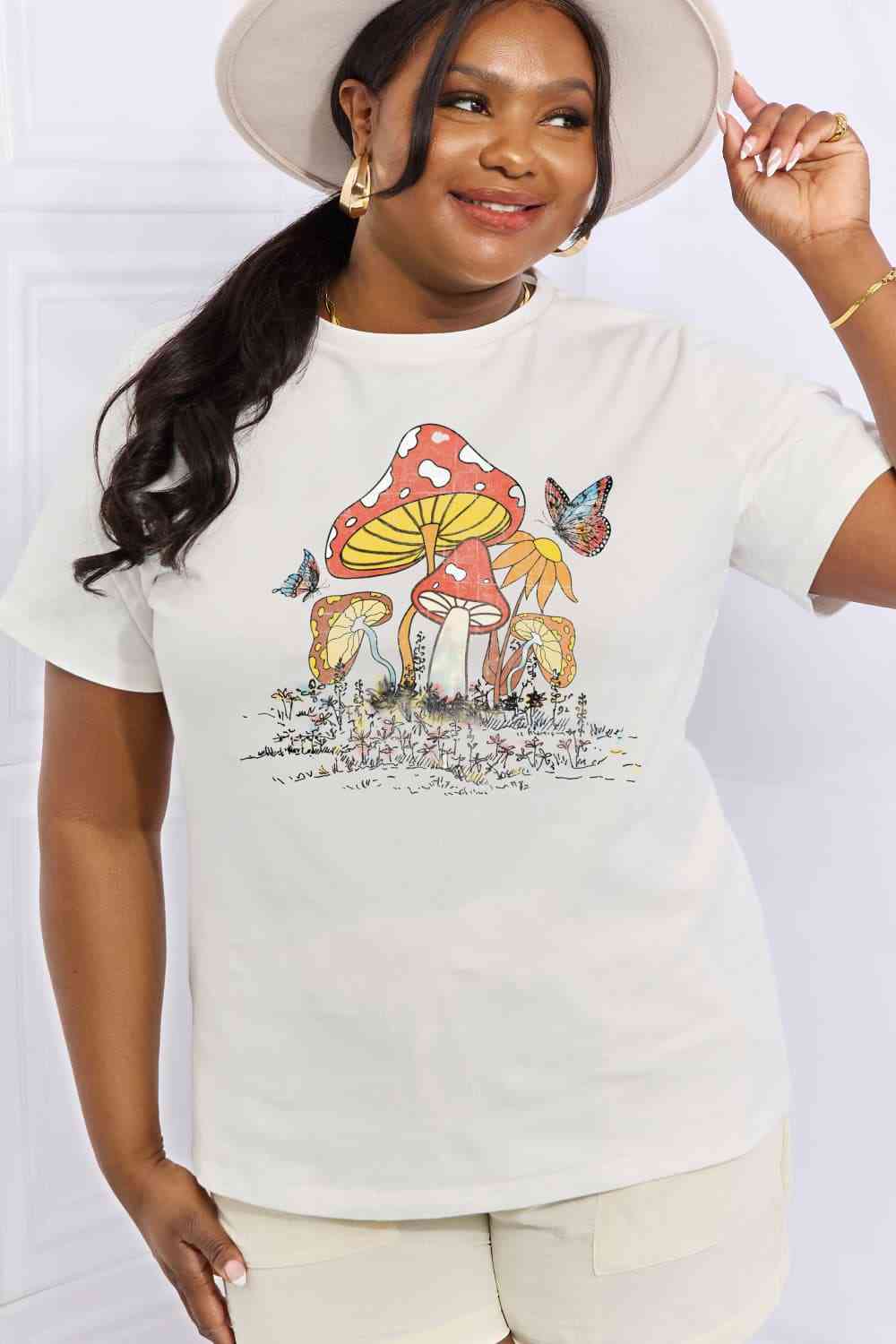 Mushroom & Butterfly Graphic Cotton T-Shirt - T-Shirts - Shirts & Tops - 16 - 2024