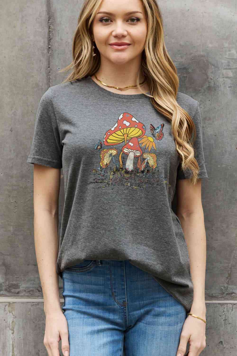 Mushroom & Butterfly Graphic Cotton T-Shirt - Charcoal / S - T-Shirts - Shirts & Tops - 7 - 2024