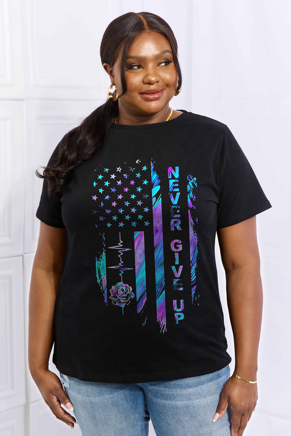NEVER GIVE UP Graphic Cotton Tee - T-Shirts - Shirts & Tops - 14 - 2024