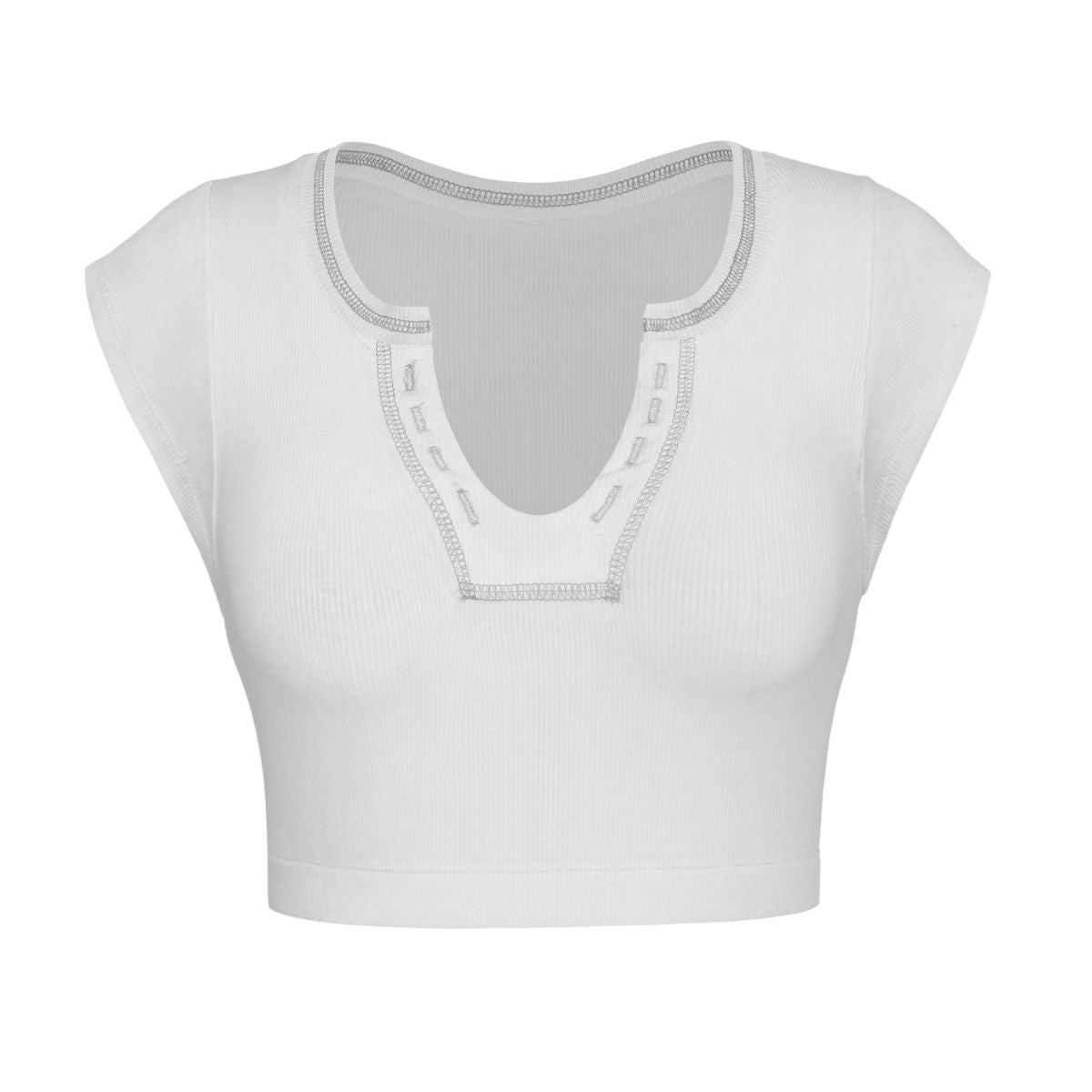 Notched Neck Cap Sleeve Cropped Tee - T-Shirts - Shirts & Tops - 8 - 2024