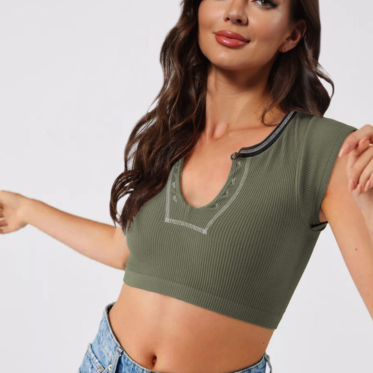 Notched Neck Cap Sleeve Cropped Tee - Green / XS - T-Shirts - Shirts & Tops - 22 - 2024