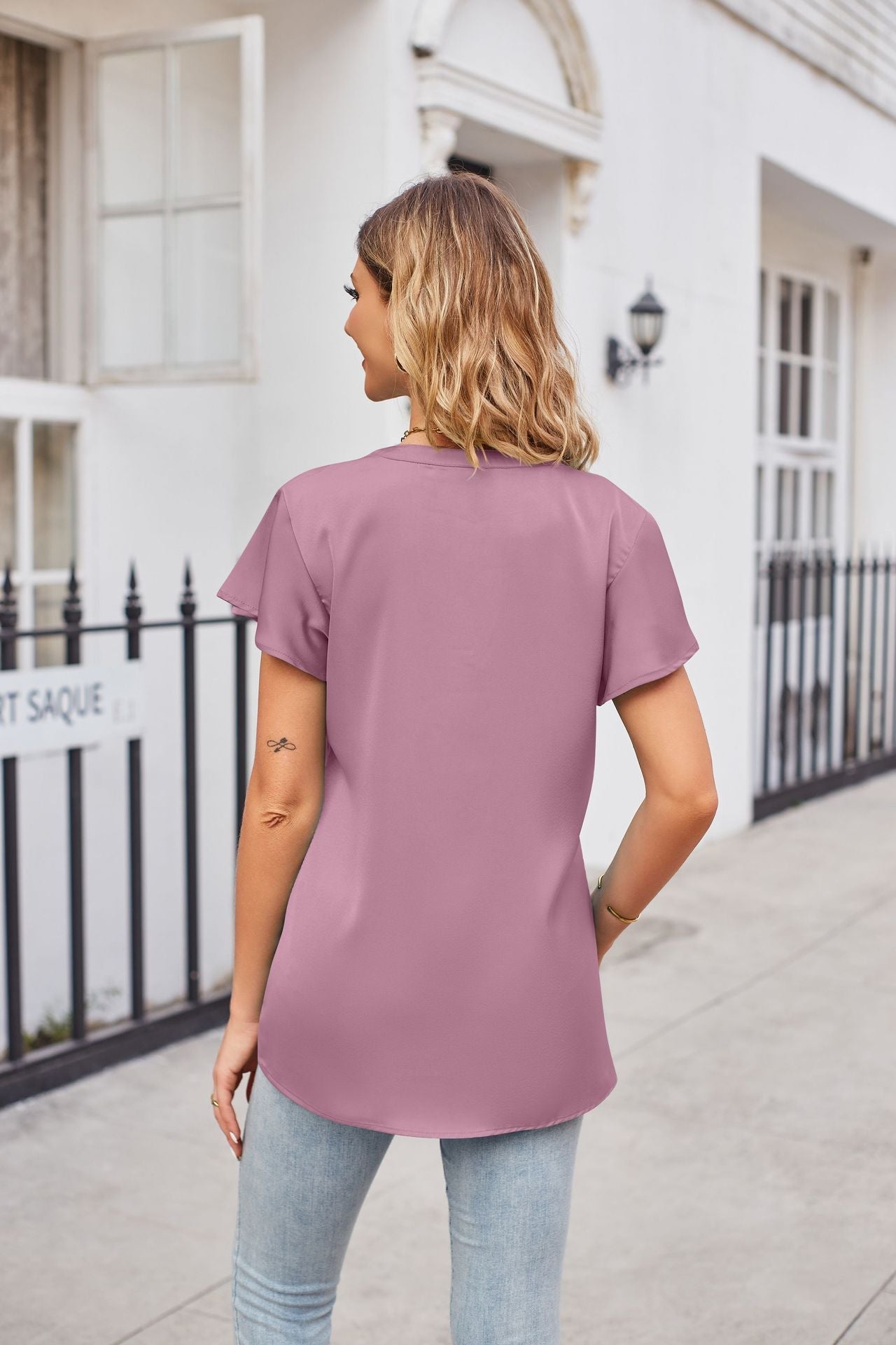 Notched Neck Flutter Sleeve Satin Top - T-Shirts - Shirts & Tops - 22 - 2024