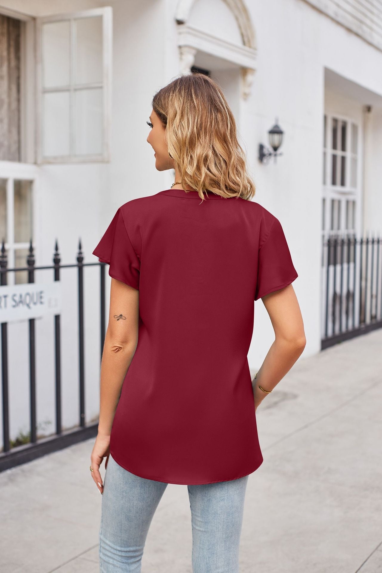 Notched Neck Flutter Sleeve Satin Top - T-Shirts - Shirts & Tops - 18 - 2024