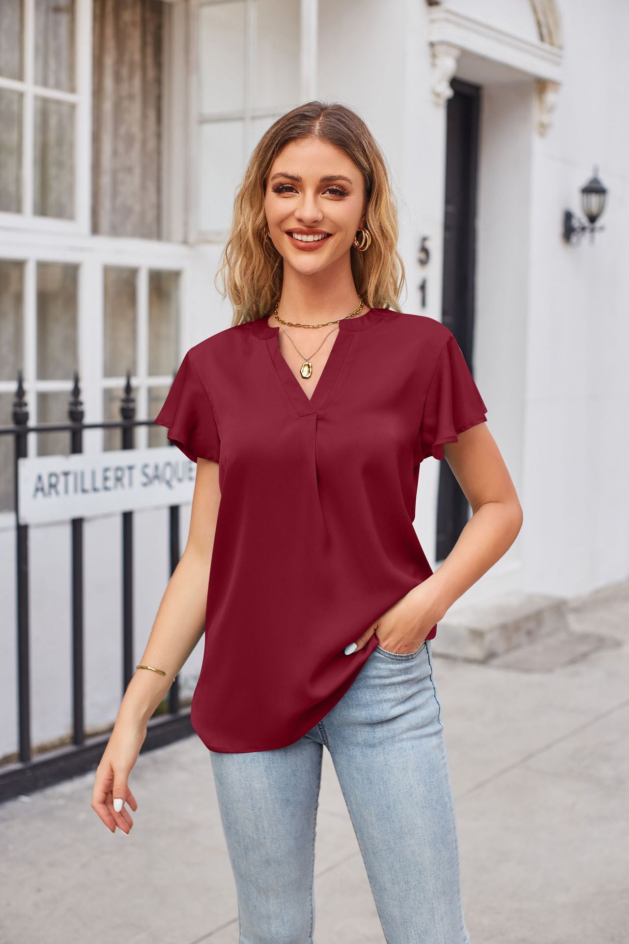 Notched Neck Flutter Sleeve Satin Top - T-Shirts - Shirts & Tops - 16 - 2024