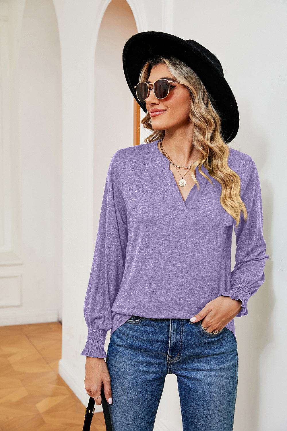 Notched Neck Long Sleeve Blouse - T-Shirts - Shirts & Tops - 34 - 2024