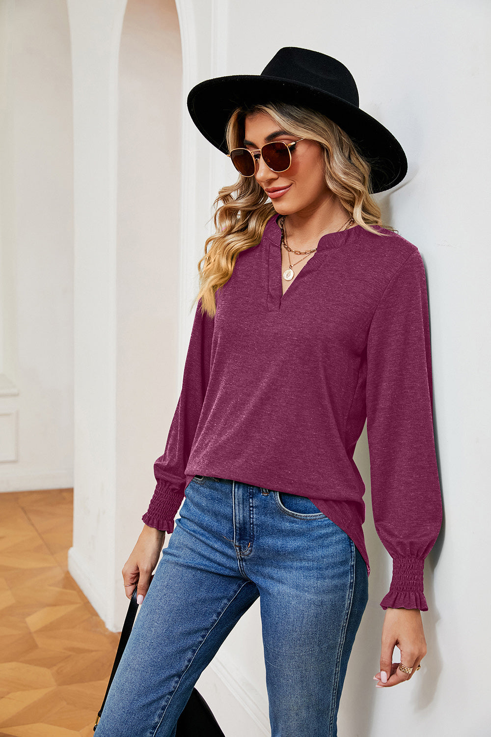 Notched Neck Long Sleeve Blouse - T-Shirts - Shirts & Tops - 4 - 2024