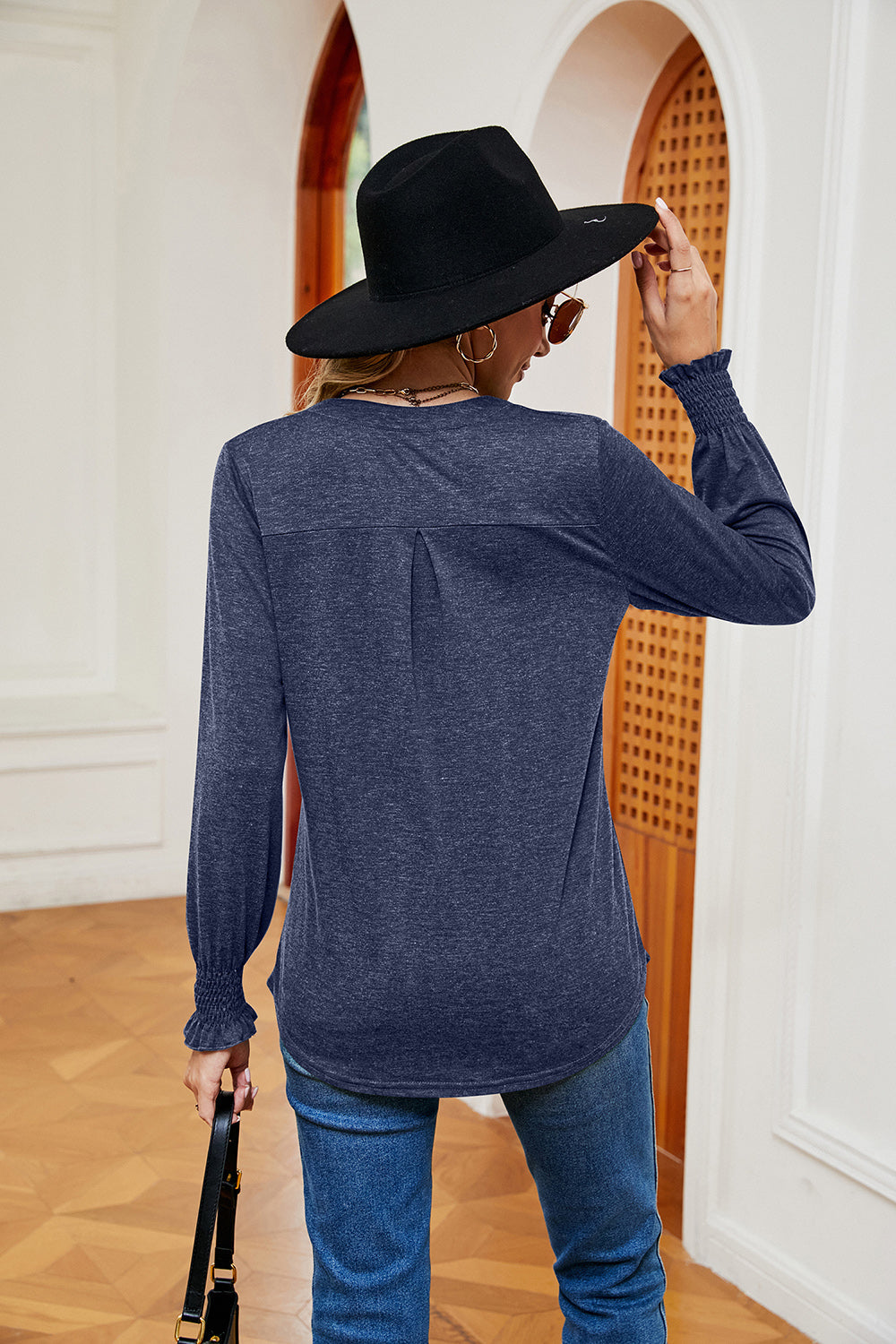 Notched Neck Long Sleeve Blouse - T-Shirts - Shirts & Tops - 12 - 2024