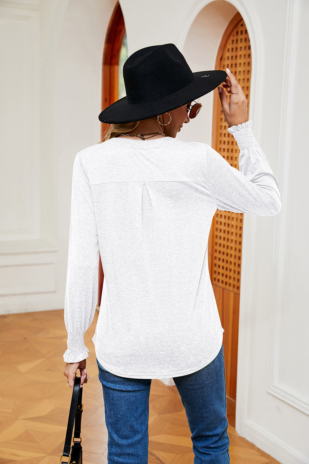 Notched Neck Long Sleeve Blouse - T-Shirts - Shirts & Tops - 8 - 2024