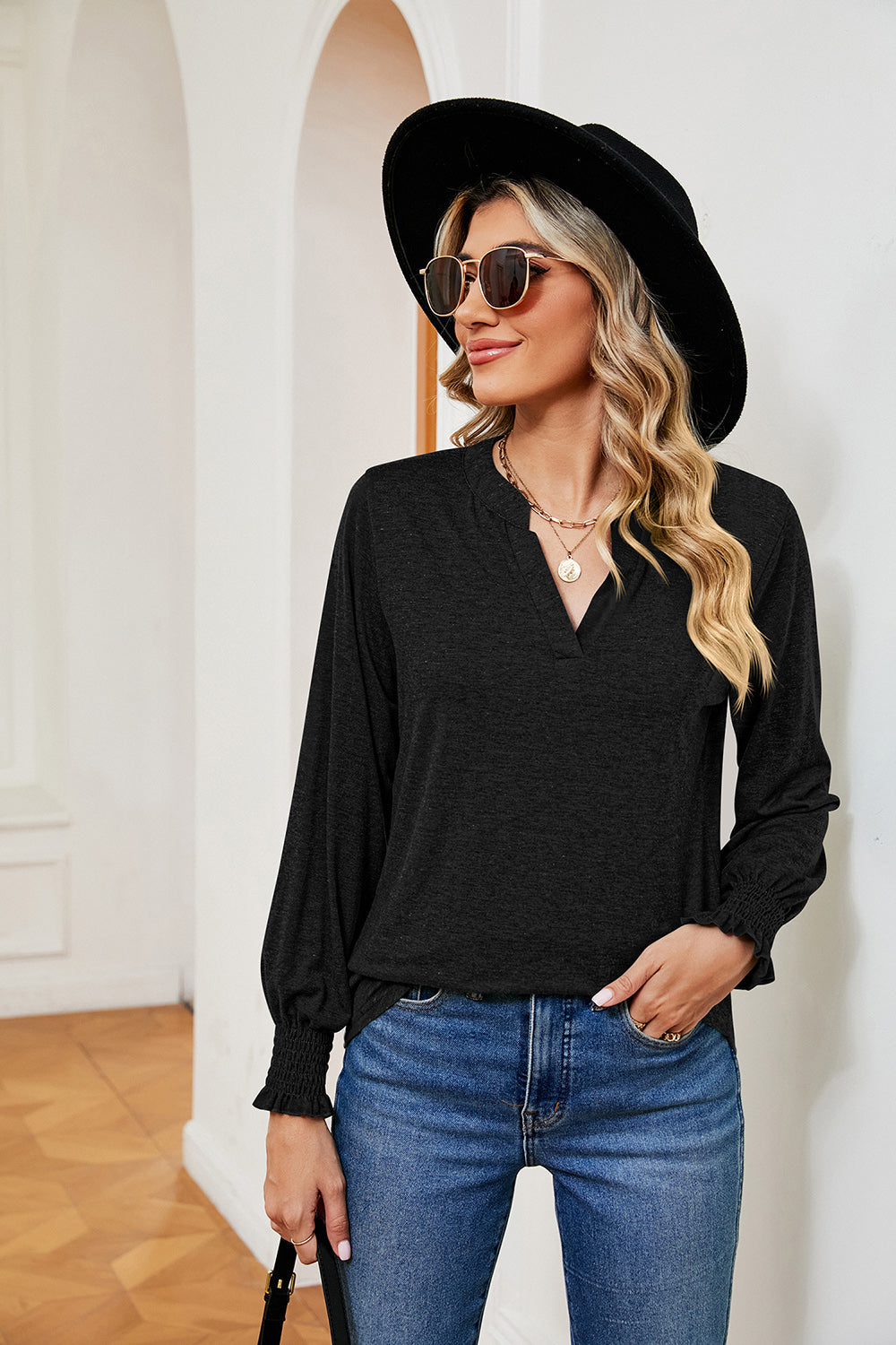 Notched Neck Long Sleeve Blouse - T-Shirts - Shirts & Tops - 18 - 2024