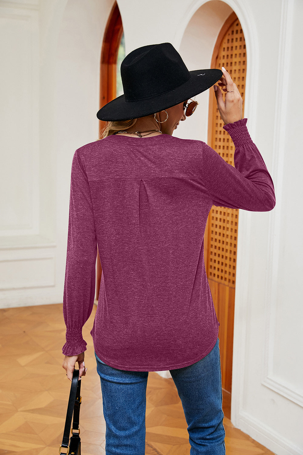 Notched Neck Long Sleeve Blouse - T-Shirts - Shirts & Tops - 2 - 2024