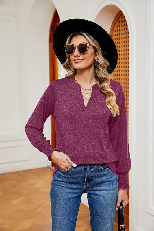 Notched Neck Long Sleeve Blouse - T-Shirts - Shirts & Tops - 1 - 2024