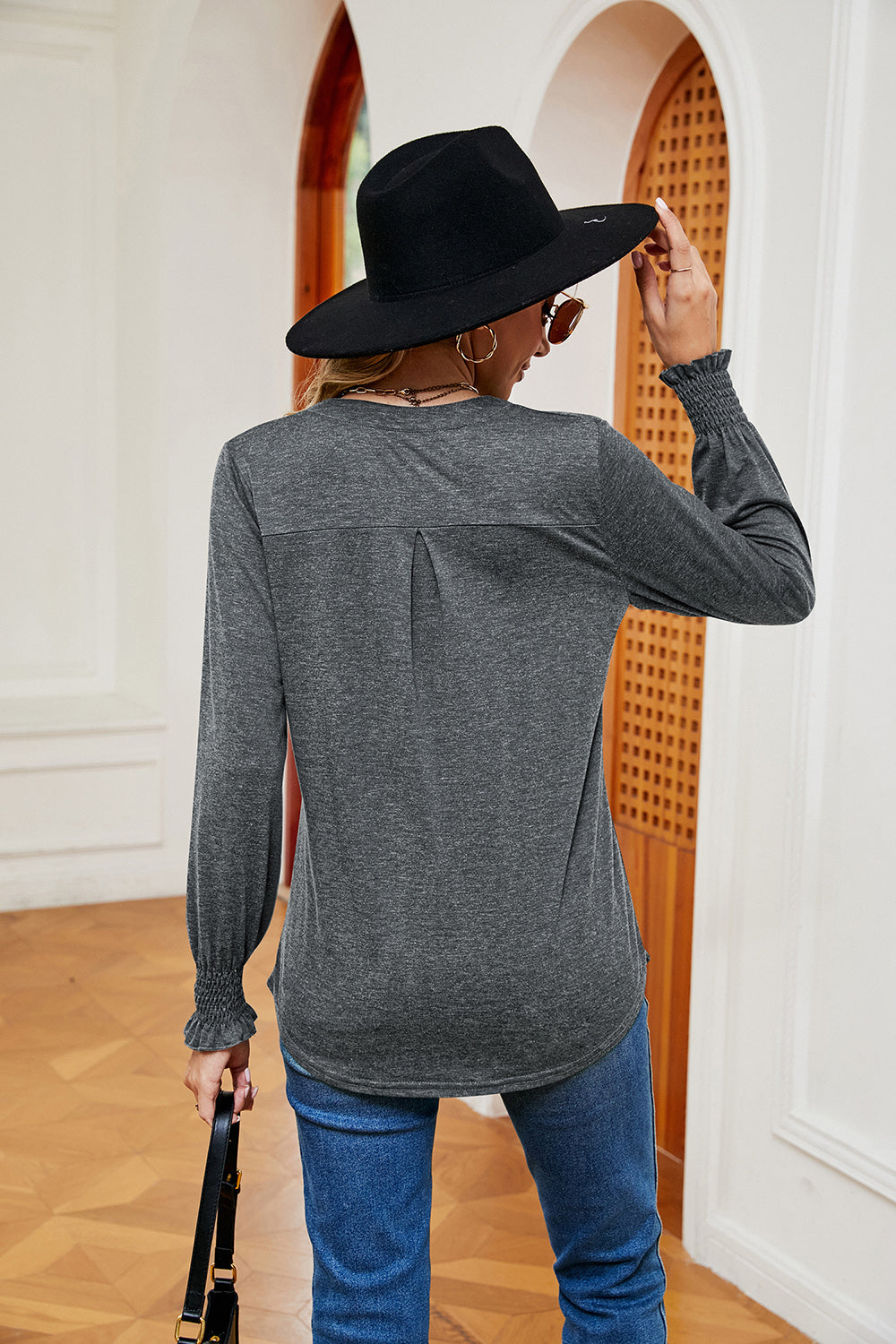 Notched Neck Long Sleeve Blouse - T-Shirts - Shirts & Tops - 28 - 2024