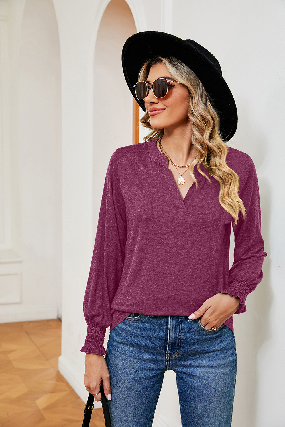 Notched Neck Long Sleeve Blouse - T-Shirts - Shirts & Tops - 3 - 2024